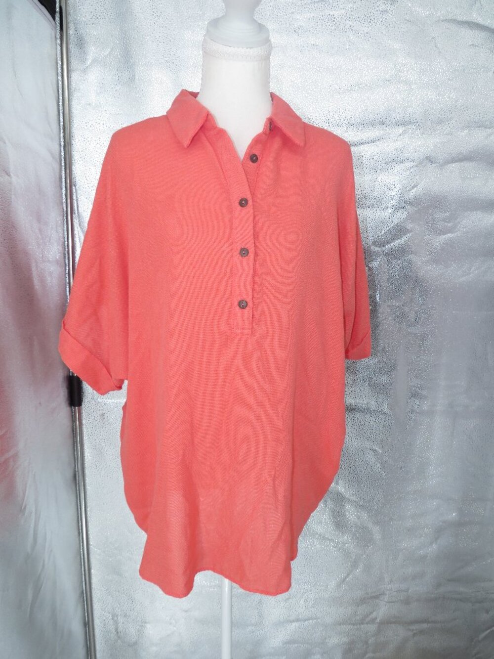 HY FIVE Coral Pink Polo Short Sleeve Henley Shirt Top Small Rayon Linen Blend S